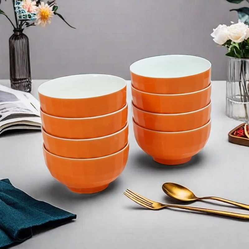 陶园春橙色水晶碗新骨瓷8个装4.5英寸家用陶瓷餐具米饭碗