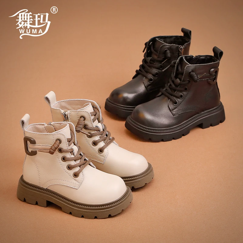 舞玛女童马丁靴真皮儿童单靴2025新款秋冬时尚加绒亲子大码234846