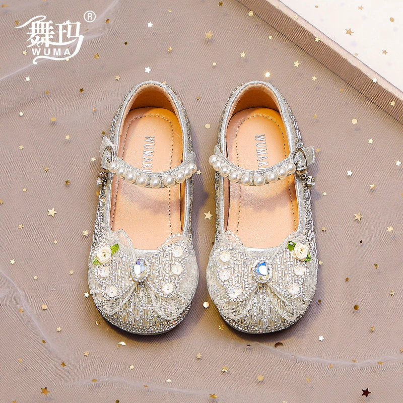 女童鞋儿童公主鞋2024新款秋款小女孩蝴蝶结珍珠软底水晶鞋432174