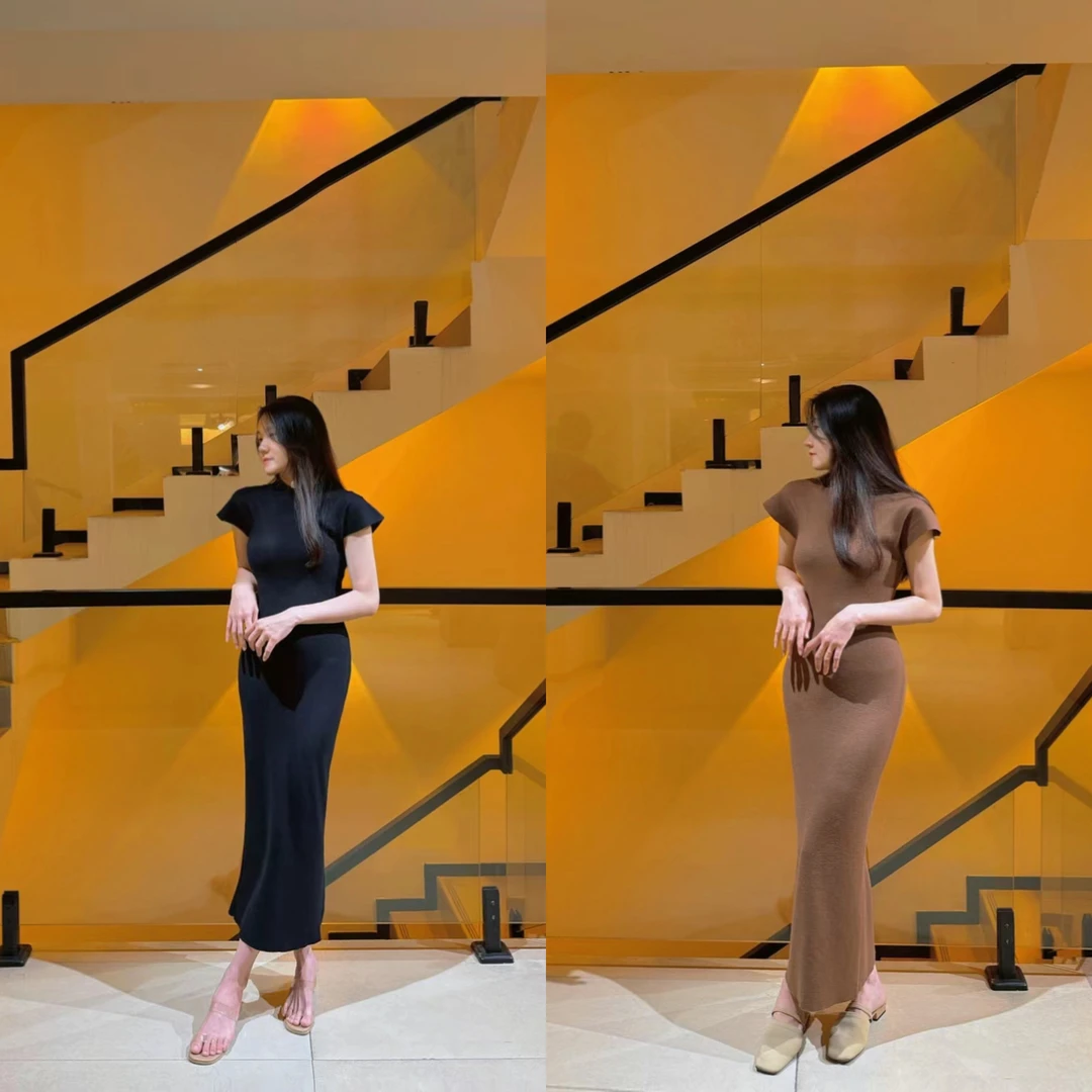 新款法式气质包臀修身显瘦长裙立领开叉连衣裙3012#