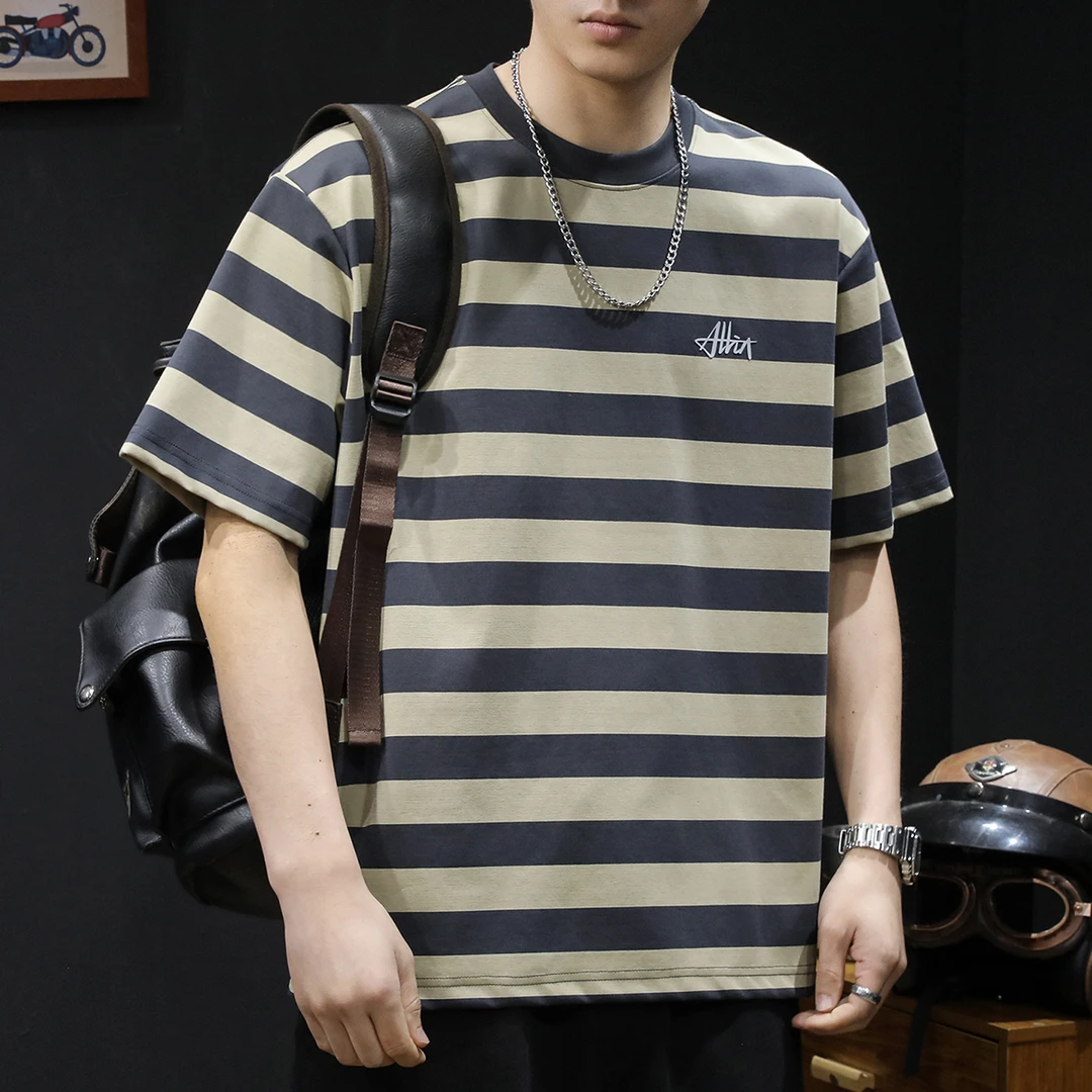 U&PURA2024新款条纹撞色短袖t恤男士衣服宽松大码夏季潮牌百搭