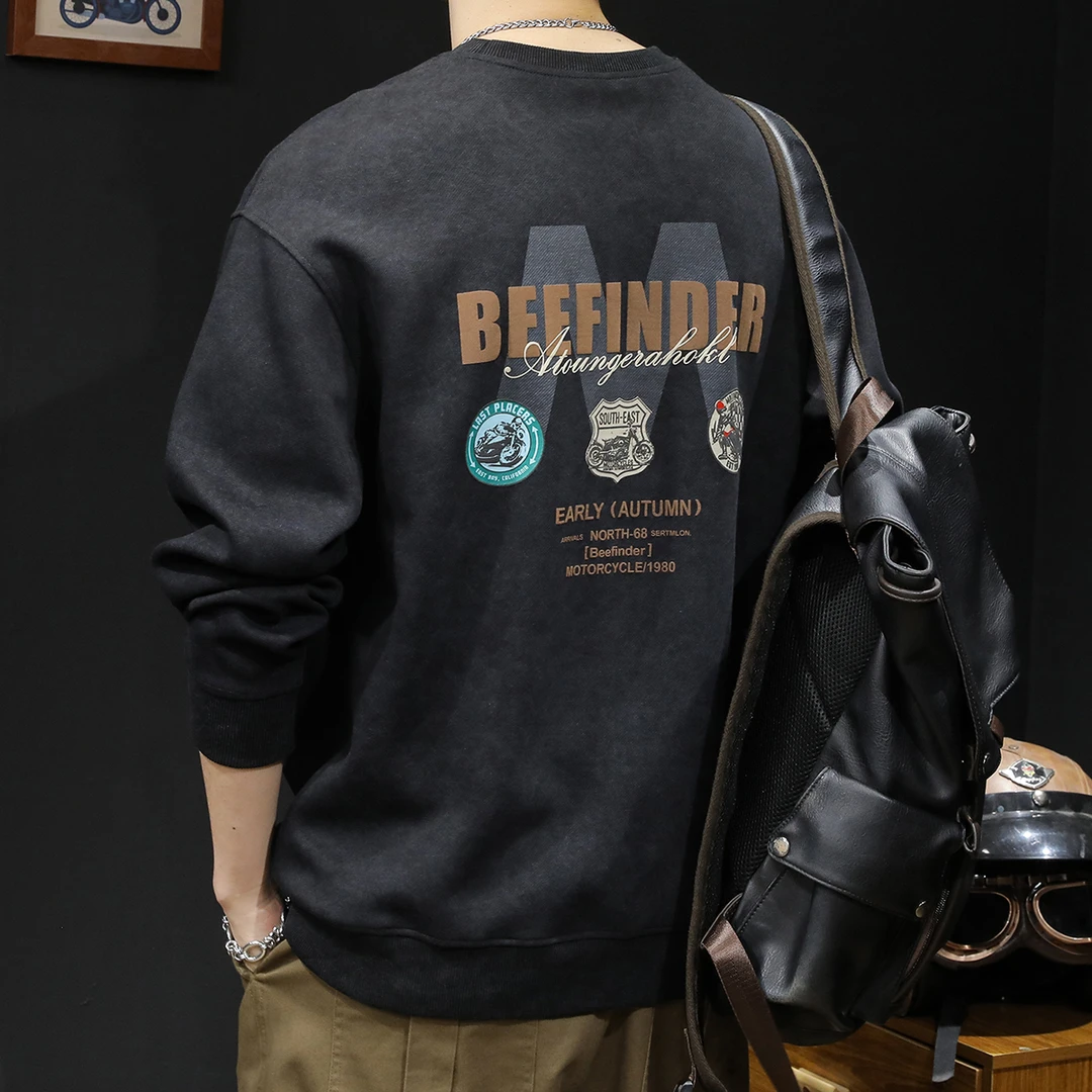 U&PURA卫衣圆领男款衣服春季2025新款长袖大码云染黑色美式