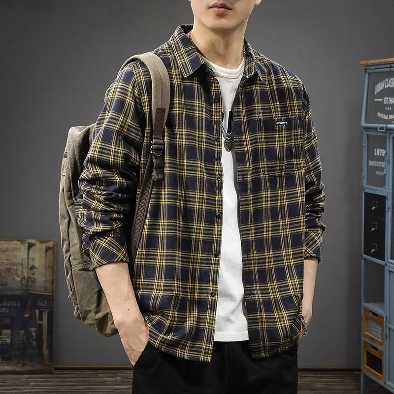 U&PURA秋季潮流格子长袖男士衬衫美式休闲痞帅宽松衬衣新款外套