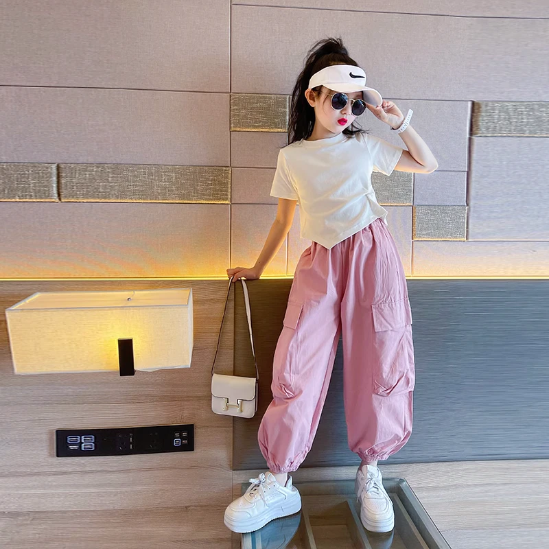 女童工装裤套装夏季2024新款儿童阔腿裤女孩大童夏装粉色裤子宽松