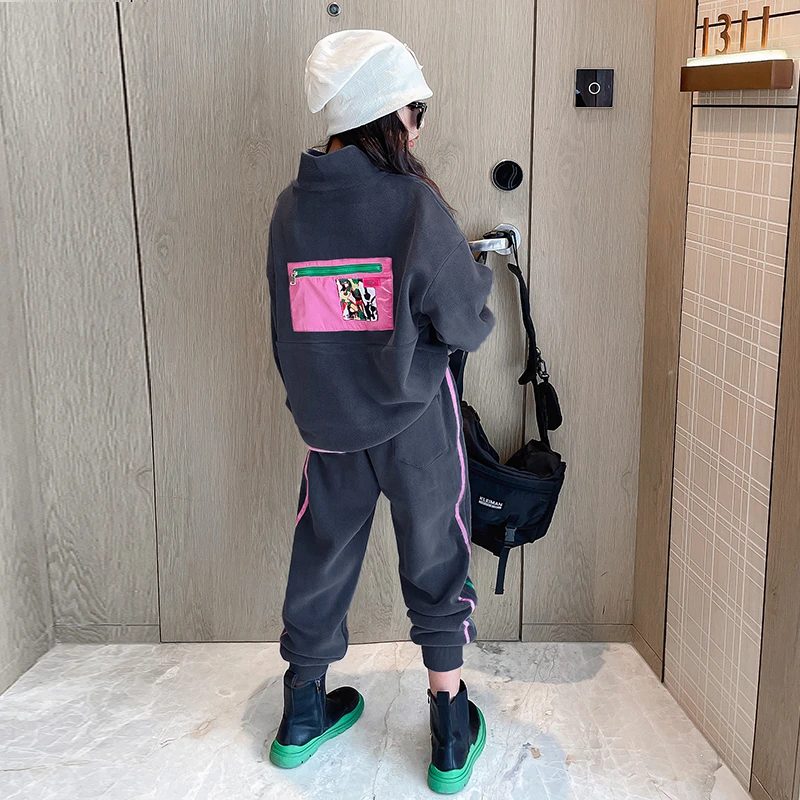 女童加绒套装秋冬款2024新款女大童洋派时髦儿童秋装卫衣运动网红