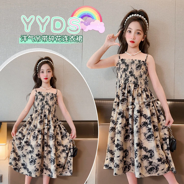 女童吊带裙夏季2024新款网红韩版雪纺连衣裙童装炸街中大童长裙潮