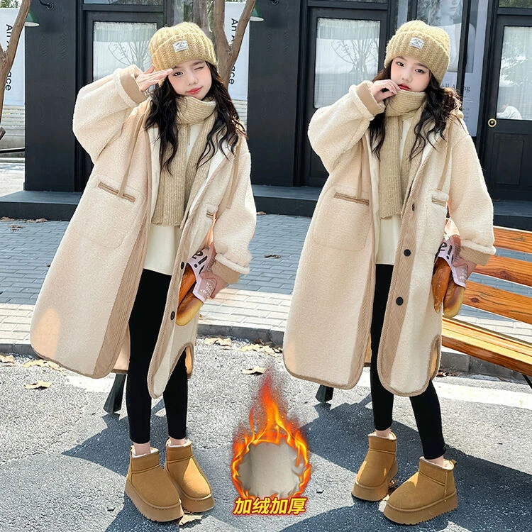 女童外套秋冬款2024新款洋气时髦加绒加厚毛呢大衣儿童装连帽冬季