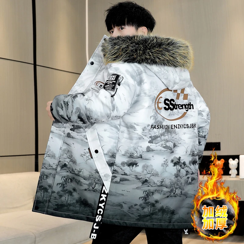 加绒保暖中长款派克服秋冬季男士渐变色加厚冲锋衣大毛领棉大衣服