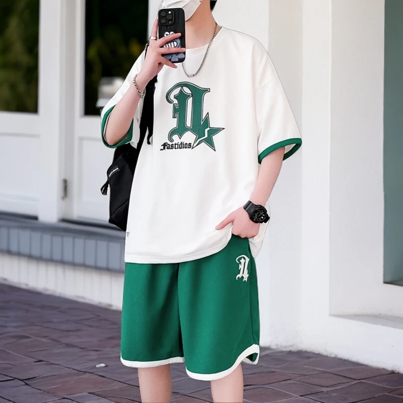 青少年短袖t恤夏季ins潮牌男士运动休闲套装学生痞帅气五分袖衣服