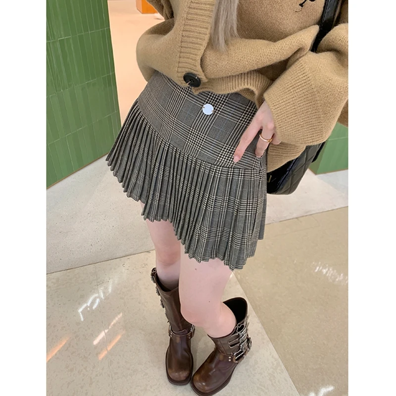 《格纹艺术家》复古百褶半身裙女2024新款高腰显瘦a字百搭短裙