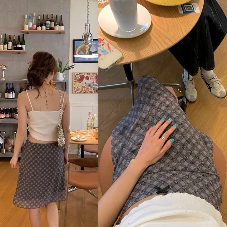 自制「夏日造梦」彩色格纹气质显瘦半身裙女夏季高腰百搭裙子