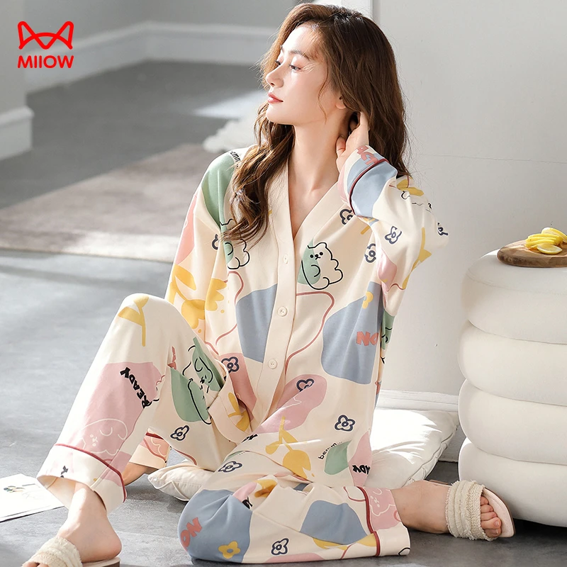 MiiOW/猫人【100%纯棉】女士长袖小香风睡衣套装休闲舒适V领家居服