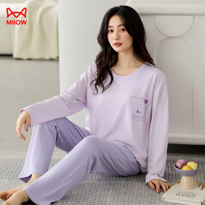 MiiOW/猫人新款春秋拉架棉带胸垫女士睡衣休闲舒适大码家居服套装