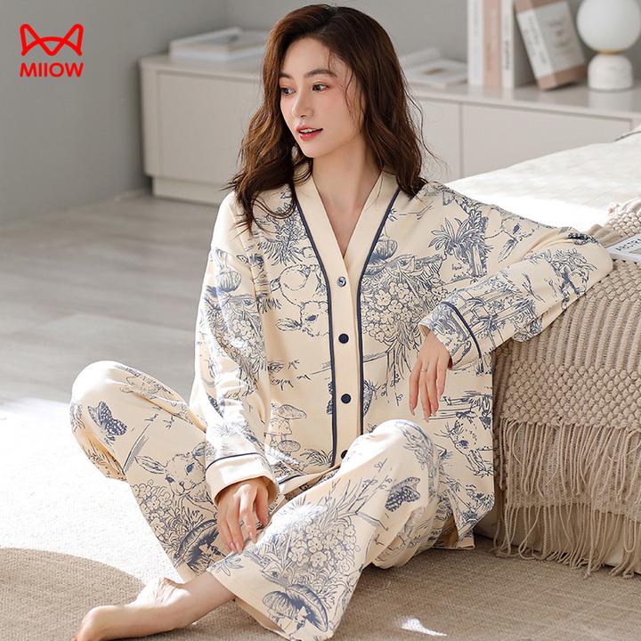 MiiOW/猫人【100%纯棉】秋冬女士小香风睡衣柔软亲肤V领开衫家居服