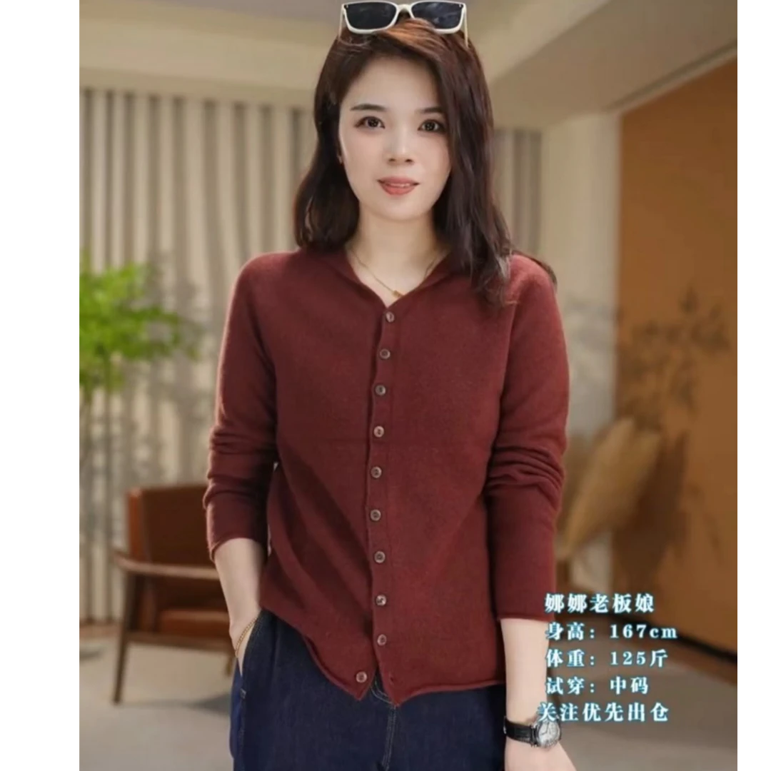一线成衣100%羊毛单排扣女连帽开衫外套宽松显瘦休闲百搭长袖