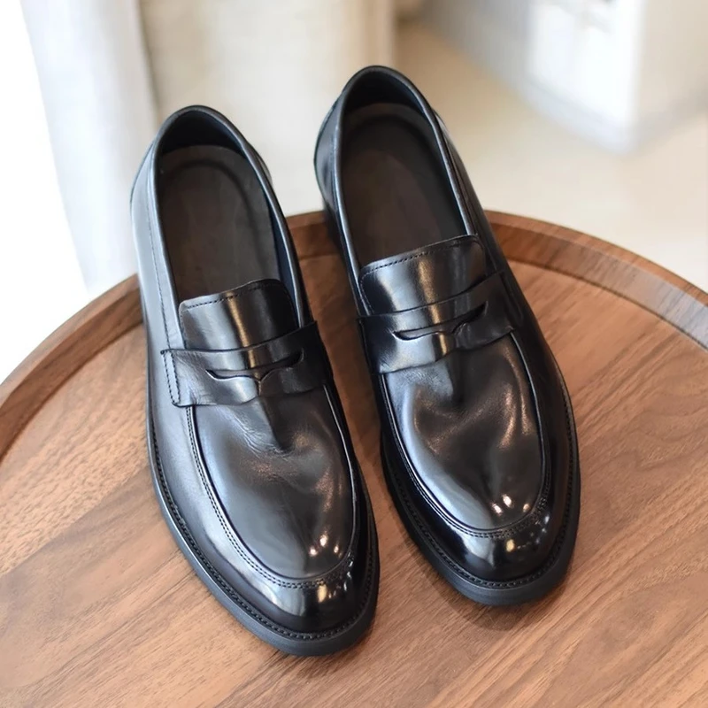 手工缝制英伦复古休闲皮鞋一脚蹬豆豆鞋懒人套脚乐福鞋男