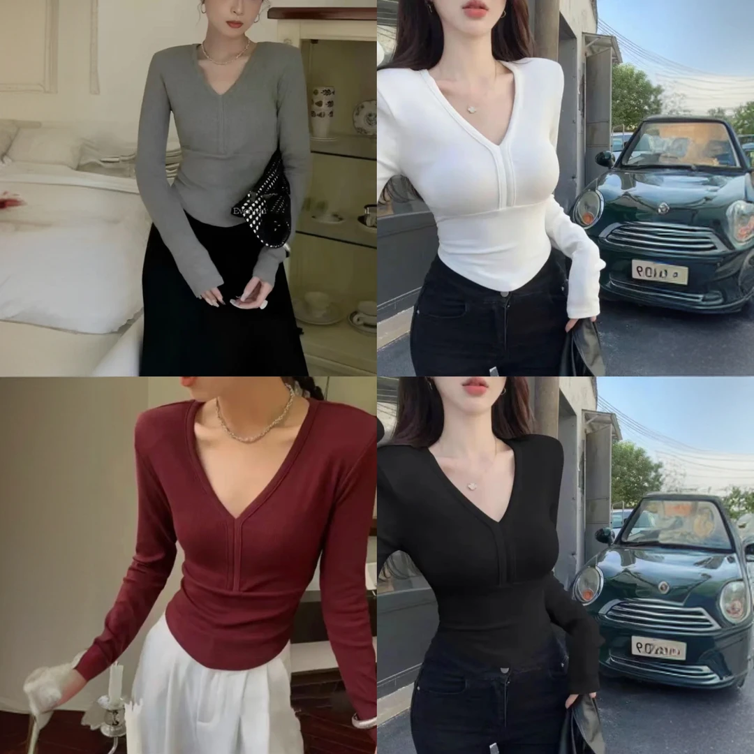 秋冬磨毛绒V领打底衫女内搭修身气质长袖正肩T恤上衣百搭设计感