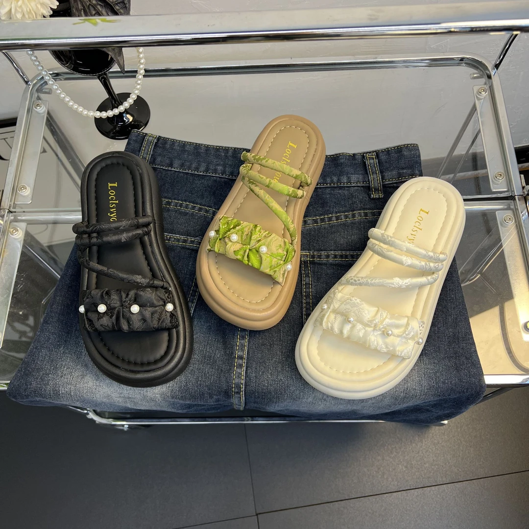 【W】2024夏新款两穿珍珠交叉带厚底防滑一字拖鞋女外穿百搭露趾拖