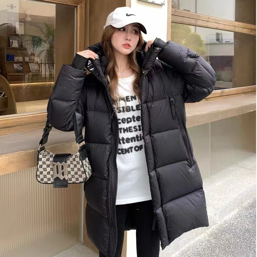 黑色标休闲高品质时尚冬季中长款90白鸭绒服保暖加厚连帽防寒百搭