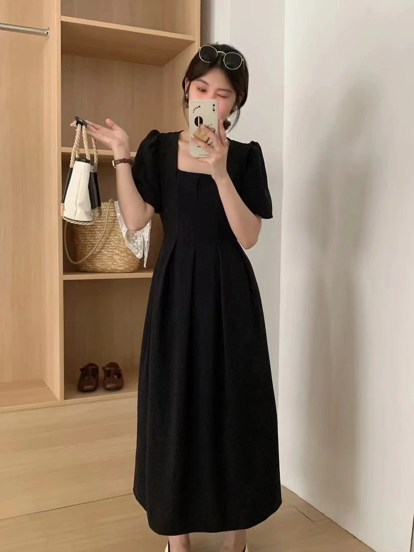 灰灰呀！5190 闺蜜长短款！ 精致小黑裙！方领泡泡袖连衣裙