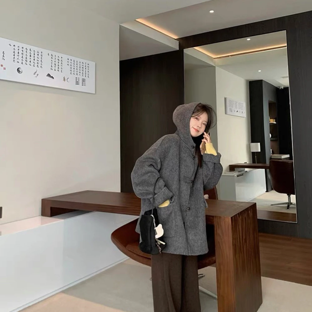 灰灰呀！圣保罗典礼！复古 蘑菇扣双面羊毛连帽外套