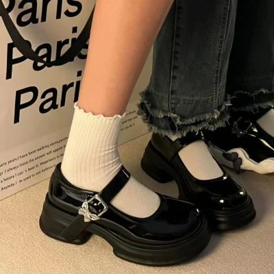 配裙子鞋女2024新款小皮鞋春夏英伦风浅口粗跟厚底玛丽珍鞋百搭鞋