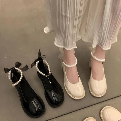 2024款玛丽珍鞋女春季新款单鞋珍珠蝴蝶结粗跟百搭仙女风小皮鞋潮