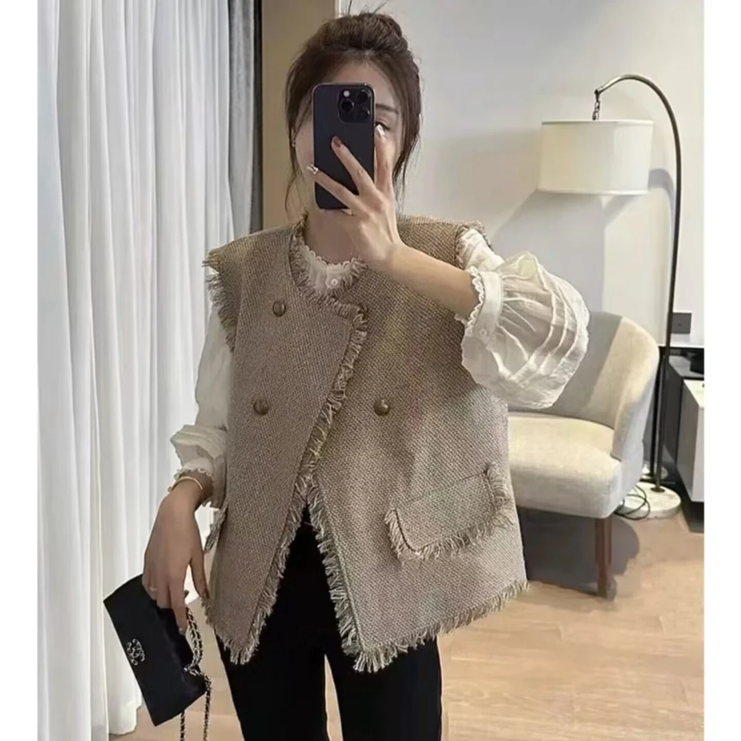 大码韩版流苏小香风显瘦马甲秋季新款胖MM百搭洋气开衫背心外套