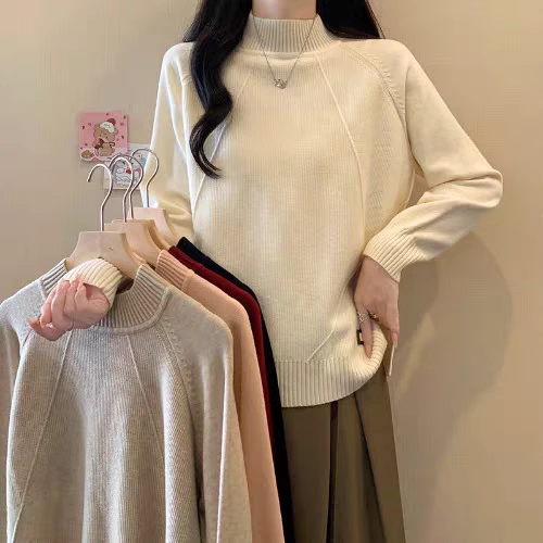 大码胖mm设计感显瘦百搭半高领针织衫女秋冬新款宽松藏肉休闲毛衣
