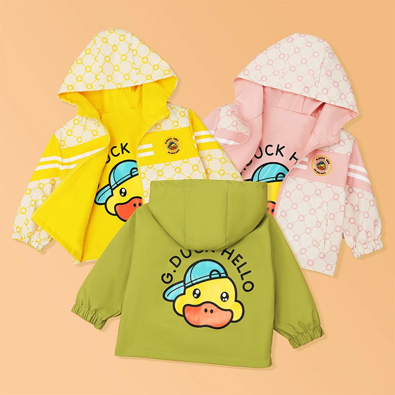 小黄鸭AA043儿童冲锋衣2025新款三防户外男女宝两面穿外套上衣