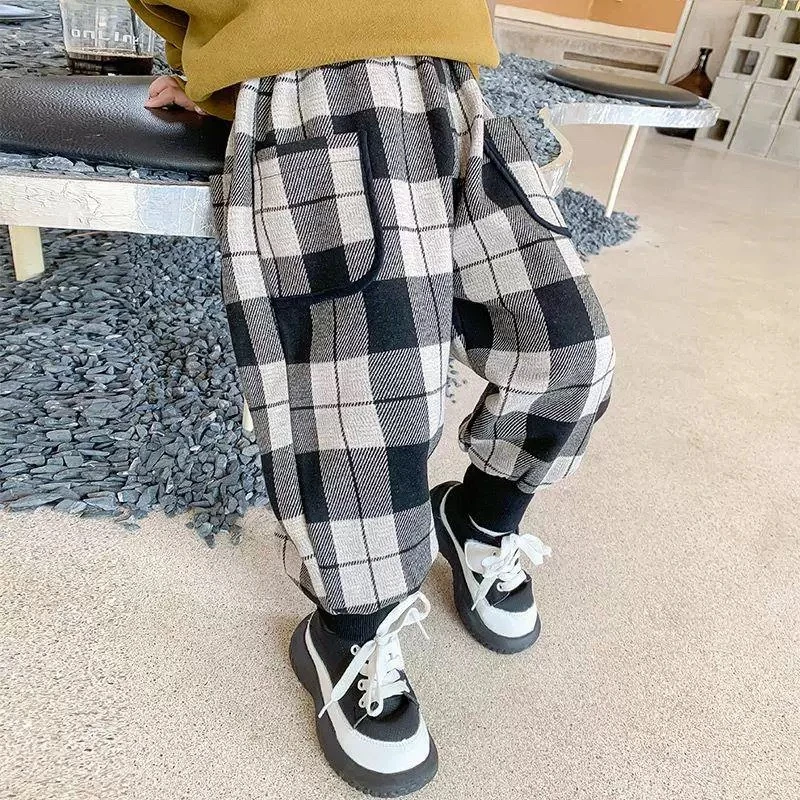小黄鸭AA026毛呢子格子2024秋冬新款奥粒绒一体绒保暖裤子长裤