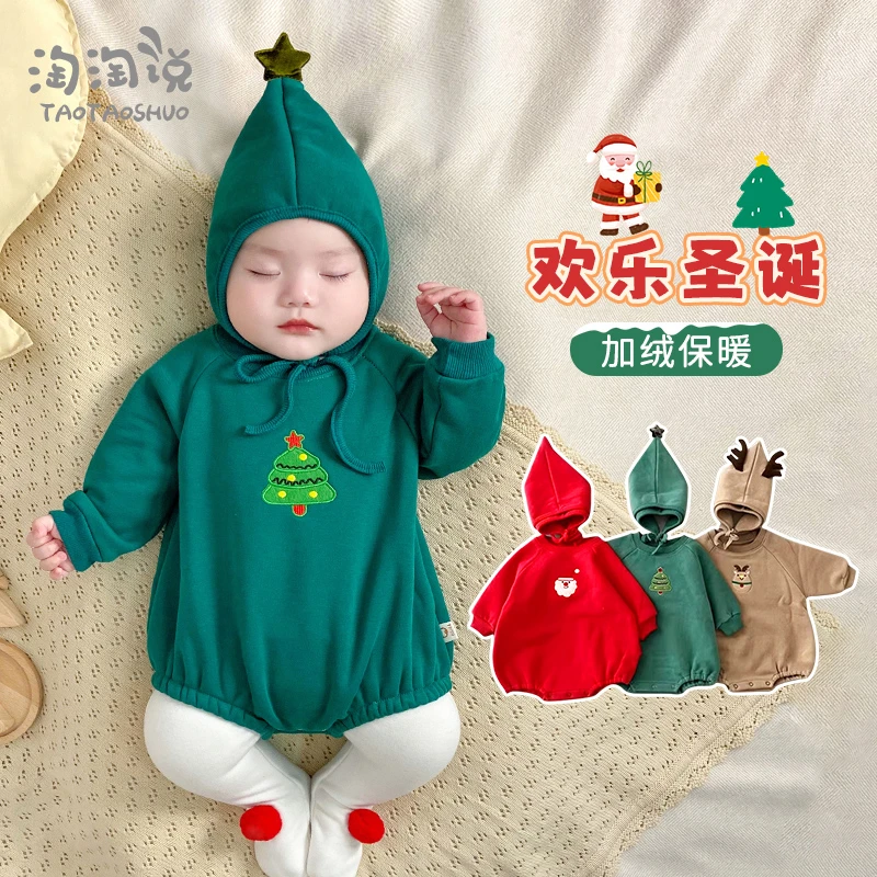 圣诞衣服婴儿加绒连体衣可爱宝宝超萌外出保暖衣婴幼儿包屁衣秋冬