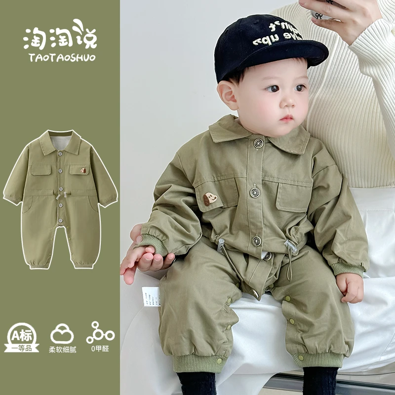 小月龄外出服春秋季帅气婴儿服工装连体衣男宝宝衣服早秋韩系穿搭