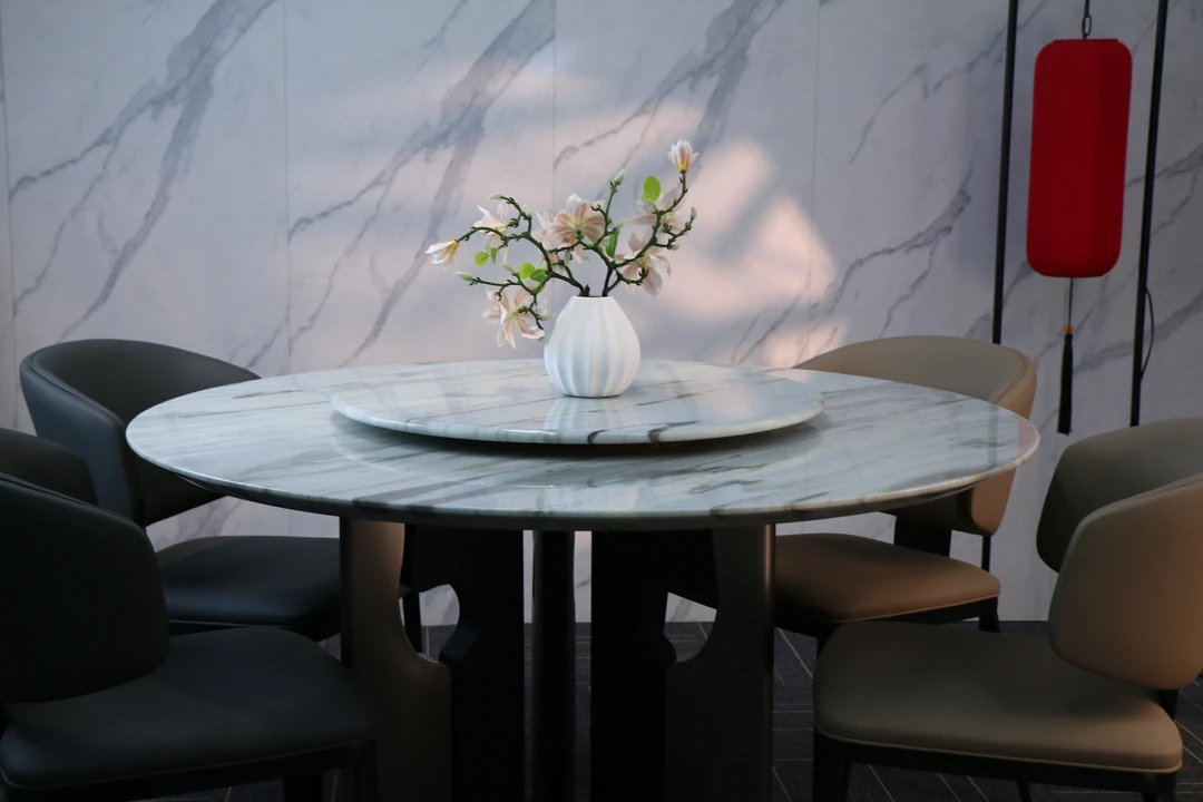 天然奢石天空之蓝圆形北欧带转盘餐桌后现代简约大小户型圆桌椅