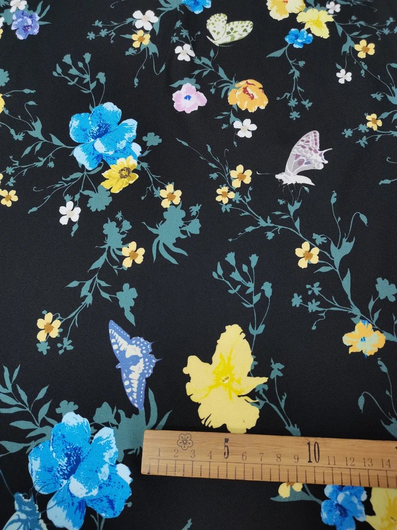 弹力乱麻布料  HTLLM0204 黑底大黄蓝花 可做夏季连衣裙 寸衣面料