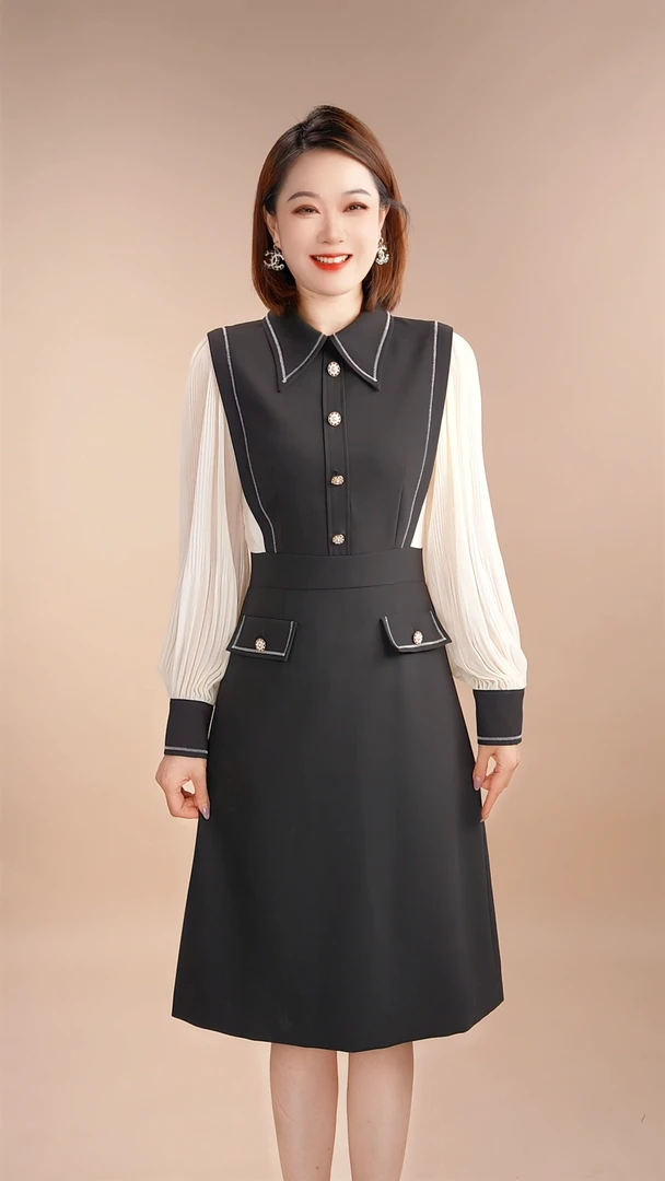 【深圳薇姐清仓】C新款撞色连衣裙气质轻奢女装小香风显瘦 9748