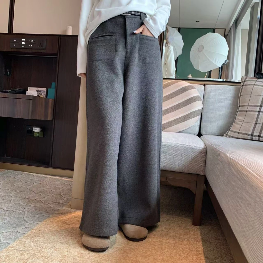 女装时尚百搭冬季加厚阔腿复古宽松高腰显瘦羊毛呢休闲裤KU001