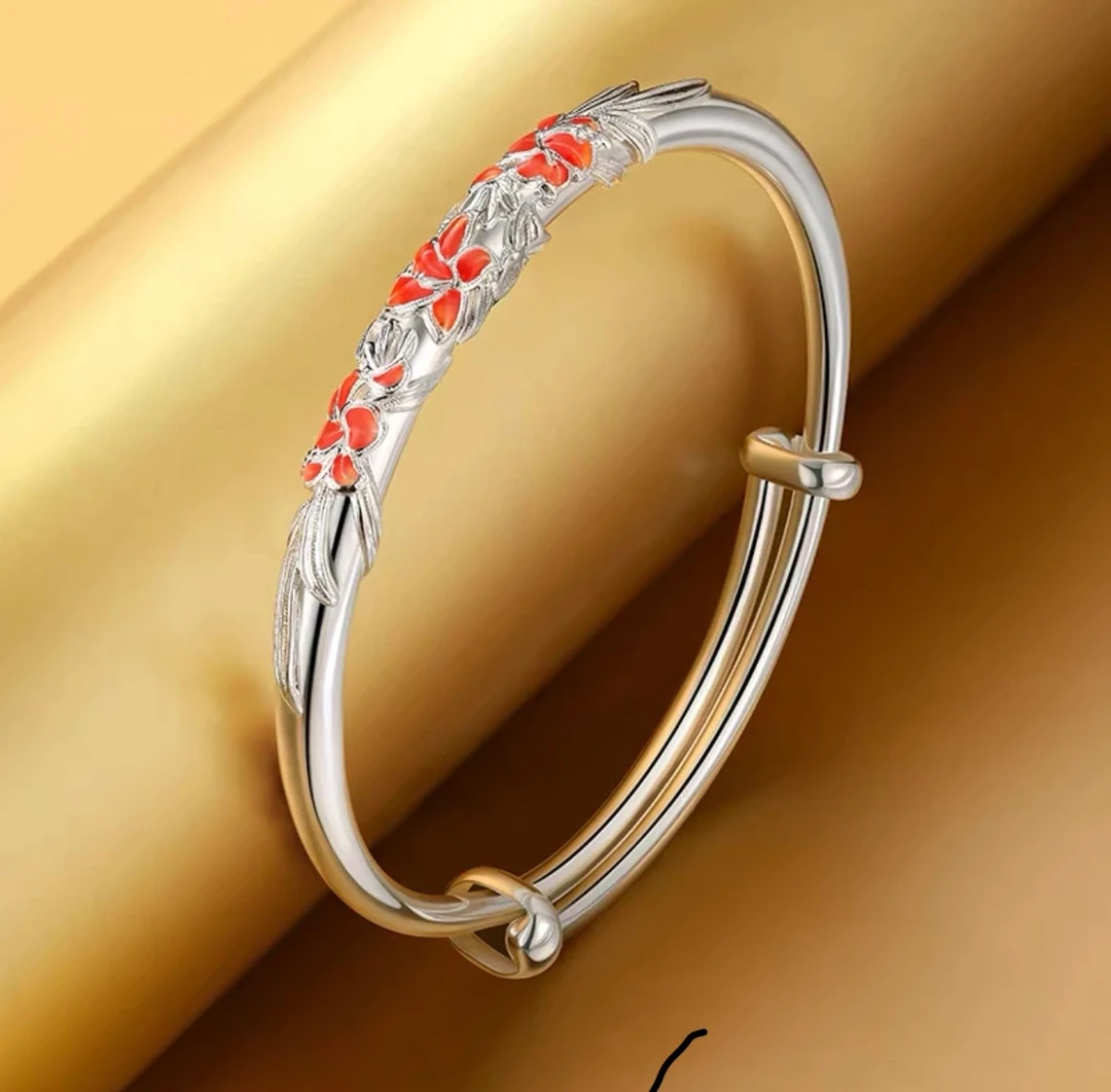 足银手镯 足银手镯 （A22）宣草花古风实心推拉简约百搭银手镯