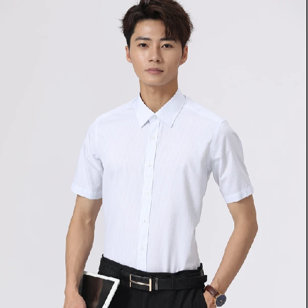 清仓全棉成衣免烫抗皱条纹提花商务男士修身薄款短袖衬衫5164-1-2