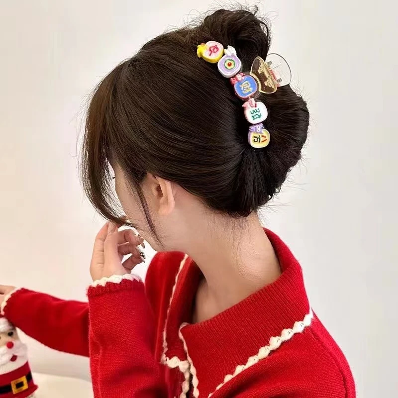非金属亚克力发饰 可爱发财麻将抓夹后脑勺盘发鲨鱼夹女发夹发卡