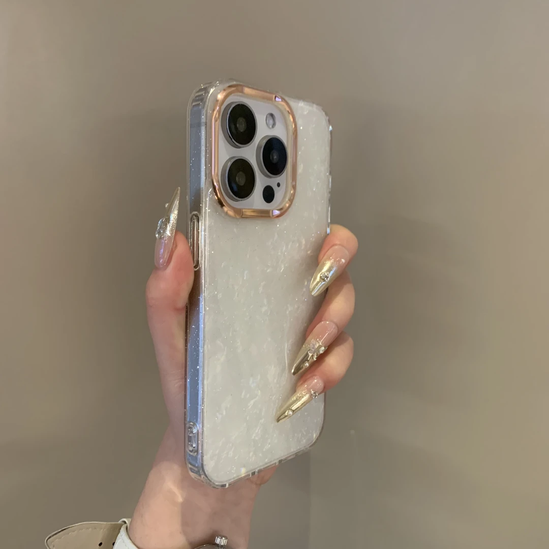 闪粉贝壳纹新款适用苹果16proMax简约仙女防摔高级保护套15手机壳