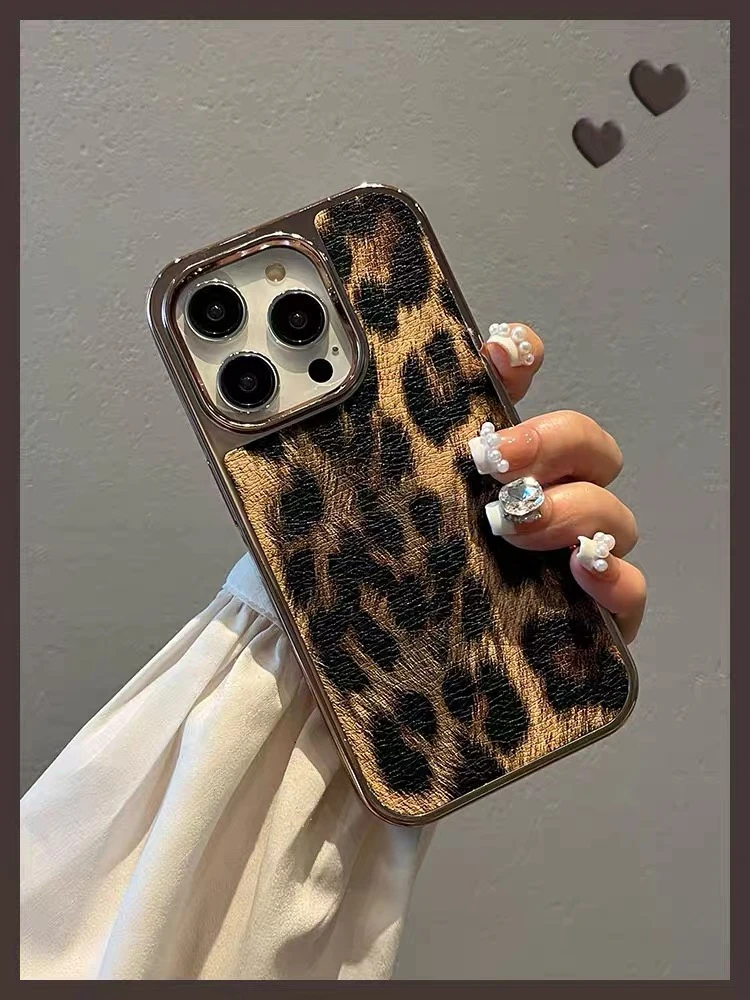 电镀框豹纹个性适用苹果15promax手机壳iphone14pro女13高级感12