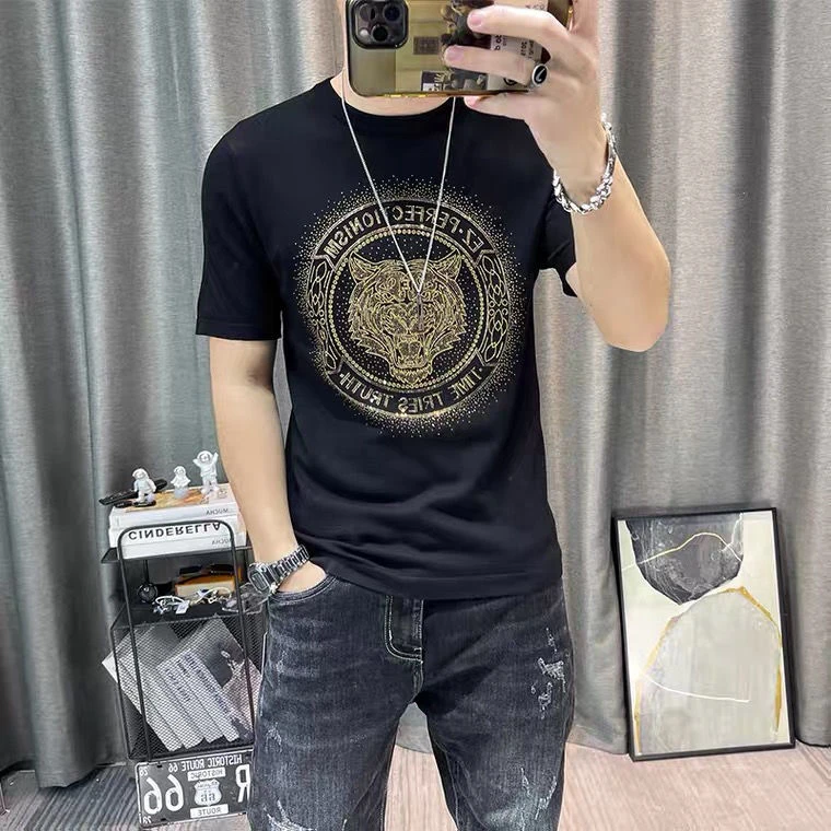 潮牌烫钻虎头休闲短袖T恤男士夏季2025新款ins潮流修身半袖上衣服