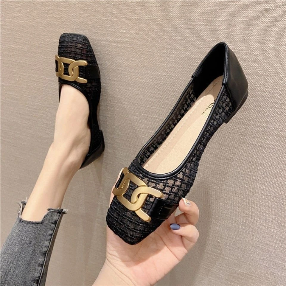 2024浅口平底网状单鞋女春夏季大码软底方头豆豆鞋金属扣拍小一码