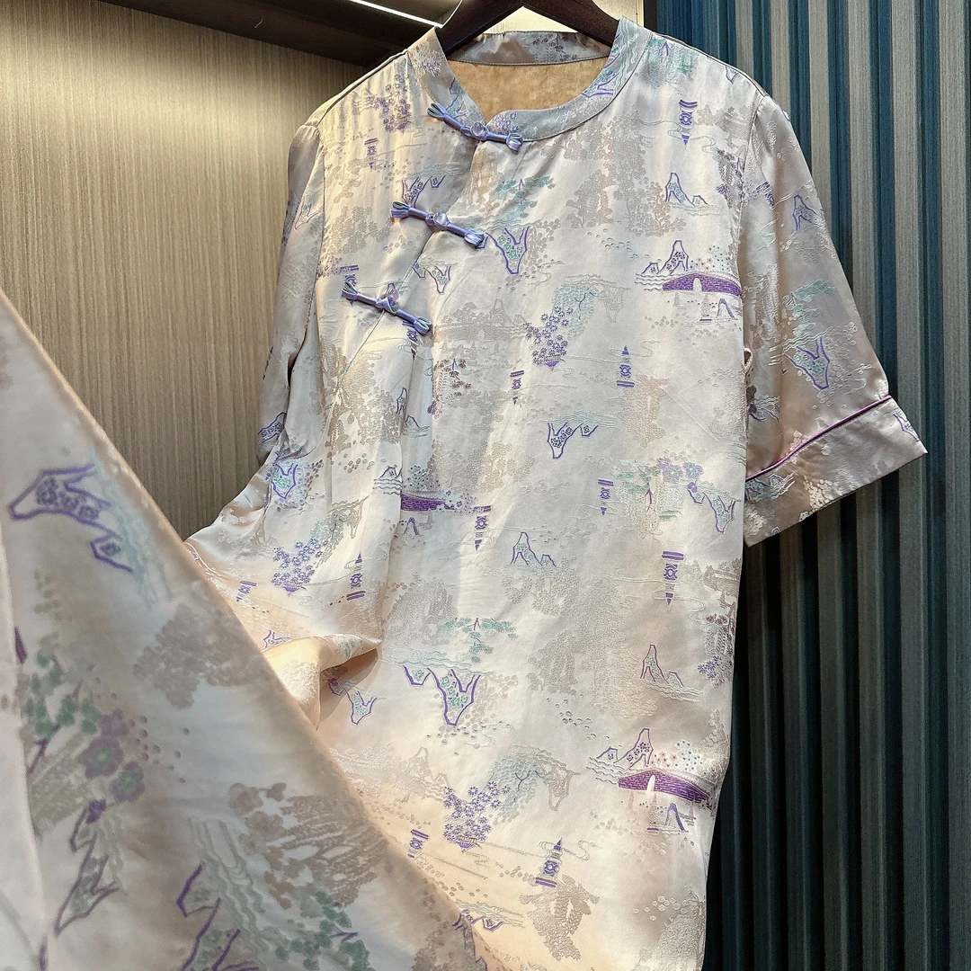 倾瑶-早秋新款新中式国风复古气质亭台楼阁提花连衣裙