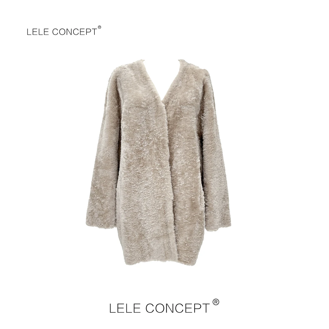 LELE CONCEPT丨【丽】新款都市气质五扣秃领中款皮毛一体外套Y0452