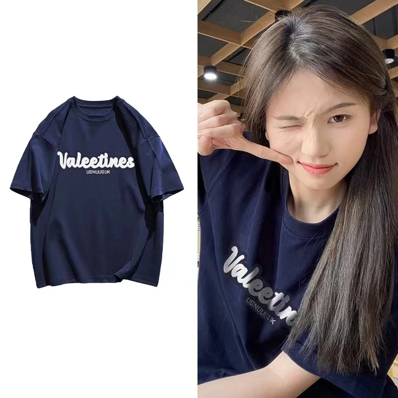 美式复古纯棉藏青色短袖T恤女夏新款重磅宽松高街潮牌圆领上衣