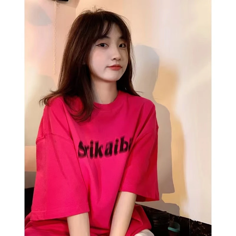 100%纯棉短袖t恤女2024新款宽松时尚百搭中长款大码上衣ins潮圆领