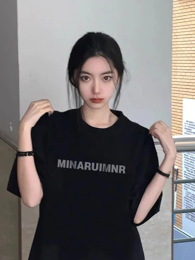 港味复古chic黑色短袖t恤女款夏季宽松oversize纯棉半袖情侣体恤