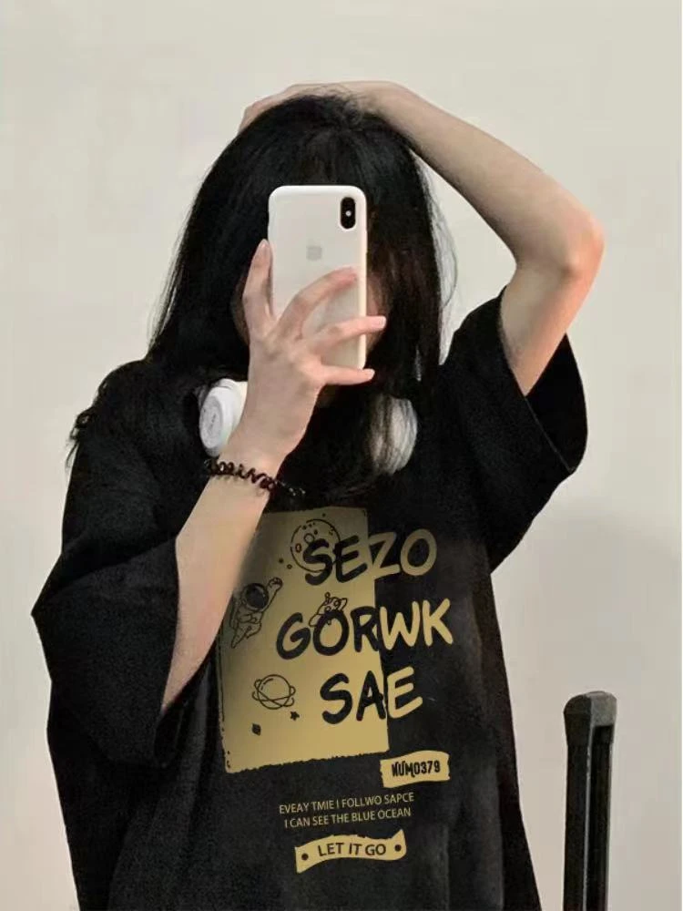 美式复古纯棉短袖t恤女2024新款夏季设计感小众黑色半袖上衣